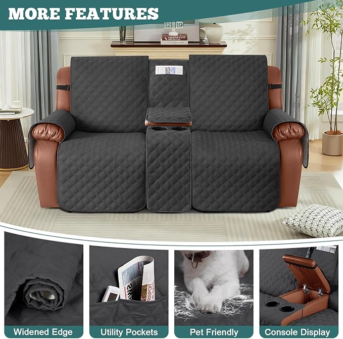 Ruaozz Waterproof Loveseat Recliner Cover with Console Non-Slip Reclining Couch Covers Split Sofa Slipcovers with Elastic Straps Furniture Protector for Kids, Dogs, Pets (Charcoal Grey,2 Seater)
