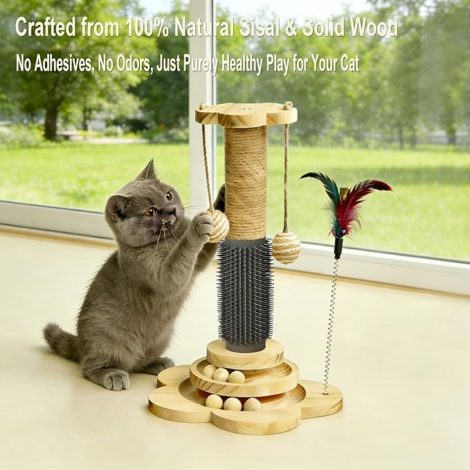 Wooden Cat Scratching Post with Brush, 4 in 1 Cat Scratcher Kitten Toys for Indoor Cats, 17.7" Tall Sisal Post with Two-Laye Wooden Ball Track, Ideal for Small Medium Cat