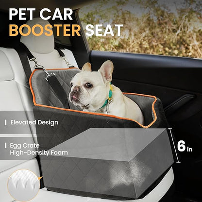 HiPetpy Dog Car Seat for Small Dog, Booster Seat for Dogs Under 30lb, Elevated Pet Seat with Pockets, Anti-Slip Bed for Car, Perfect for Front & Back Seats with Safety Leash (Black/Grey, Medium)
