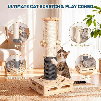20.5 Inch Cat Scratching Post, 4-in-1 Interactive Maze Base with Cat Self Groomer, Natural Pine Wood & Premium Sisal Scratching Pole, Anti-Slip Detachable Design for Indoor Cats