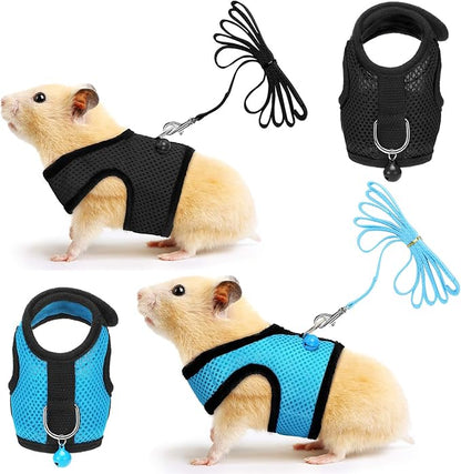 SATINIOR 2 Sets Guinea Pig Harness and Leash Adjustable Soft Mesh Harness Bell No Pulling Comfort Vest for Baby Ferret Rats Hamster Bunny Rabbit Chinchilla and Small Pet(Blue, Black,S)