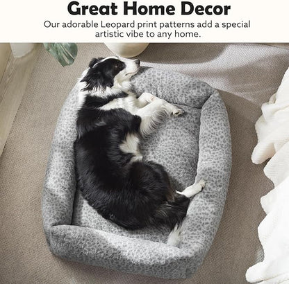 JOEJOY Large Dog Beds Large Sized Dog, Removable Washable Cover Orthopedic Soft Faux Rabbit Fur Pet Bed, Anti-Slip Fluffy Plush Faux Rabbit Fur Puppy Bed, 36"x27"x8", Leopard Print, Grey