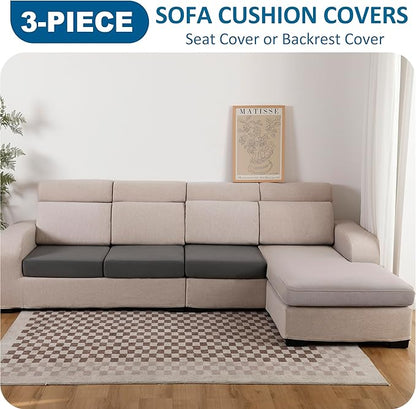 100% Waterproof Couch Cushion Covers, Replacement Sofa Cushion Covers, Stretch Individual Sofa Seat Cushion Slipcovers Furniture Protector for Kids Pets (3-Piece Sofa Cushion Cover, Grey)