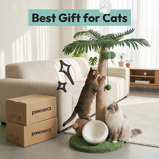 33" Tall Cat Scratching Post, Natural Jute Cat Scratcher for Indoor Cats,Twin Coconuts & Tree Design with Hanging Toy Ball & Rest Platform,Stable Furniture Protector for Kittens & Adult Cats,M