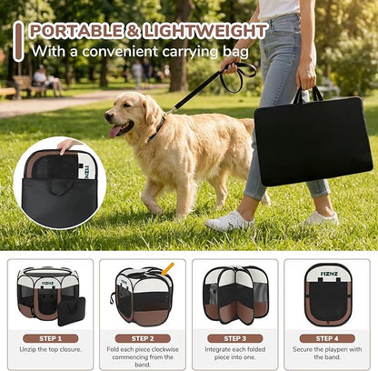 Dog Playpen, Portable Puppy Pet Crate Indoors for Small/Medium/Large Dogs Cats Rabbits, Foldable Dog Cage Enclosure for Outdoor, Pop Up Dogs Tent Kennel with Carrying Case, Brown