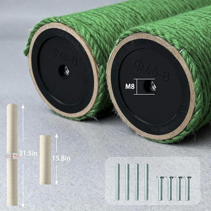 4 Pack Cat Scratching Post Replacement, 15.7 x 3.1 Inch Sisal Poles with M8 Screws, Refill Parts for Indoor Cat Towers and Furniture Repair-Green