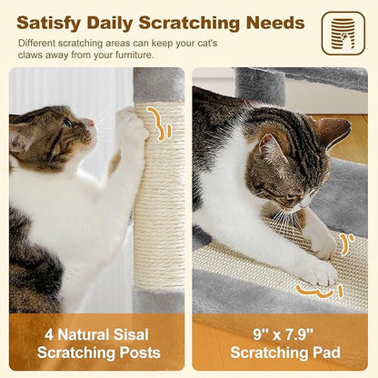 PAWZ Road Cat Tree Tower 62 Inches Cat Tree with 2 Condos,2 Large Perch,4 Scratching Posts & 1 Scratching Board, and 2 Hanging Balls for Indoor Cats-Grey