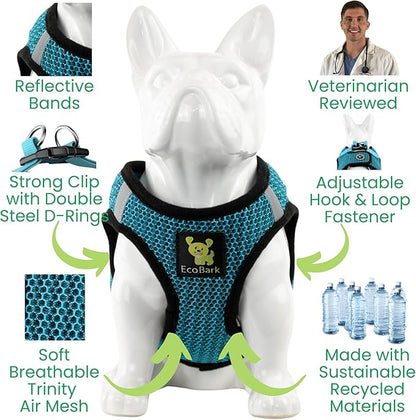 EcoBark Step in Dog Harness - Eco-Friendly Small Breed Dog Harnesses for Small and Medium Breed Dogs - Reflective and Adjustable Body Halter Vest - Soft Mesh Toy Breed Harness (Aqua Sport, Large)