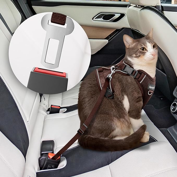 Cat Harness and Leash Set - Escape Proof Adjustable Cat Harness, Comfortable Soft Lightweight, Use Safe & Easy, Walking Travel Kitten Harness for Small Medium Large Cats, Brown, S