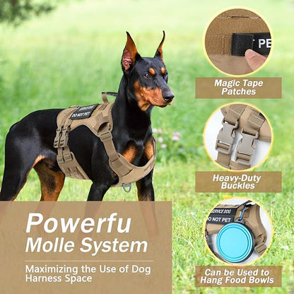 No Pull Tactical Dog Harness for Large Dogs, Escape Proof Molle Dog Vest Harness and Leash Set, Adjustable Military Service Dog Harness with Handle for Medium Large Dogs(Brown, XL)