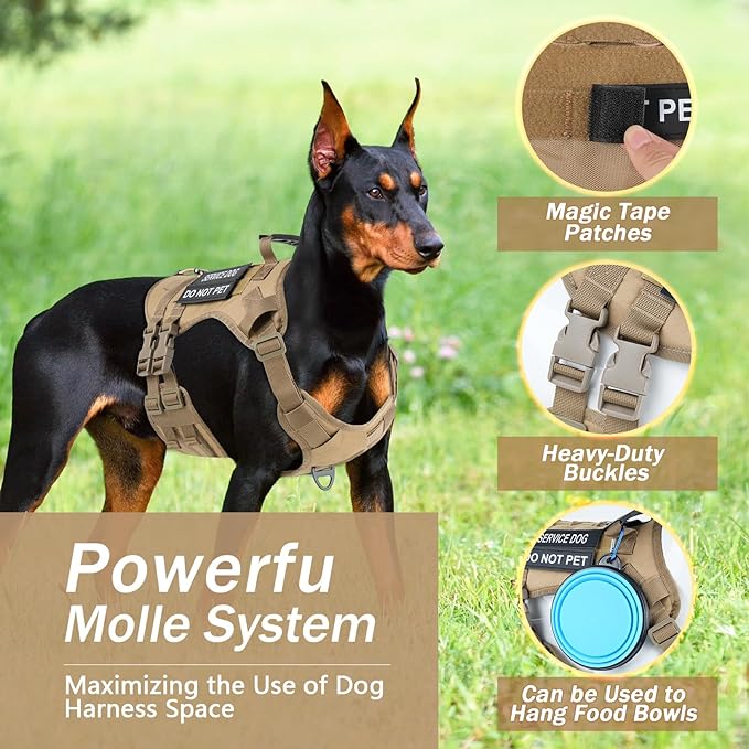 No Pull Tactical Dog Harness for Large Dogs, Escape Proof Molle Dog Vest Harness and Leash Set, Adjustable Military Service Dog Harness with Handle for Medium Large Dogs(Brown,Large)