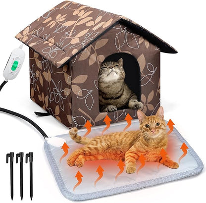 Beeveer Outdoor Heated Cat House Set Weatherproof Enclosures Insulated Cat Shelter with Heating Pad Foldable Indoor Pet Cave with Tent Stakes for Pet Winter Outside