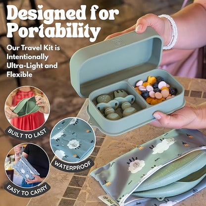Baby Travel Essentials 6 Pc Silicone Feeding Set - Portable Toddler Plates with Suction, Baby Spoons & Foldable Bib in Carrying Case - BPA-Free Infant & Toddler Utensils for Airplanes & Eating Out