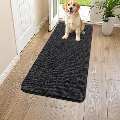 Smiry Dog Door Mat for Muddy Paws 47x24, Absorbs Moisture and Dirt Doormat, Non-Slip Washable Quick Dry Chenille Front Door Mat Indoor Entrance, Entryway Carpet for Inside Floor, Black