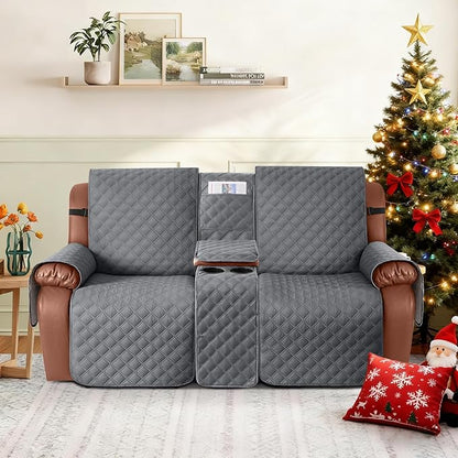 Ruaozz Waterproof Loveseat Recliner Cover with Console Non-Slip Reclining Couch Covers Split Sofa Slipcovers with Elastic Straps for Kids, Dogs, Pets (Dark Grey, 2 Seater)
