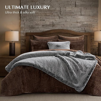 EVERGRACEHOME Luxury Soft Faux Chinchilla Fur Throw Blanket for Couch, Warm Thick Heavy Winter Throw Blanket 1220GSM for Bed, Fluffy Cozy Mink Blanket with Reversible Velvet, Onyx Mink, 50"x60"