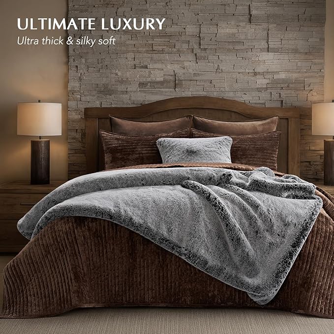 EVERGRACEHOME Luxury Soft Faux Chinchilla Fur Throw Blanket for Couch, Warm Thick Heavy Winter Throw Blanket 1220GSM for Bed, Fluffy Cozy Mink Blanket with Reversible Velvet, Onyx Mink, 60"x80"