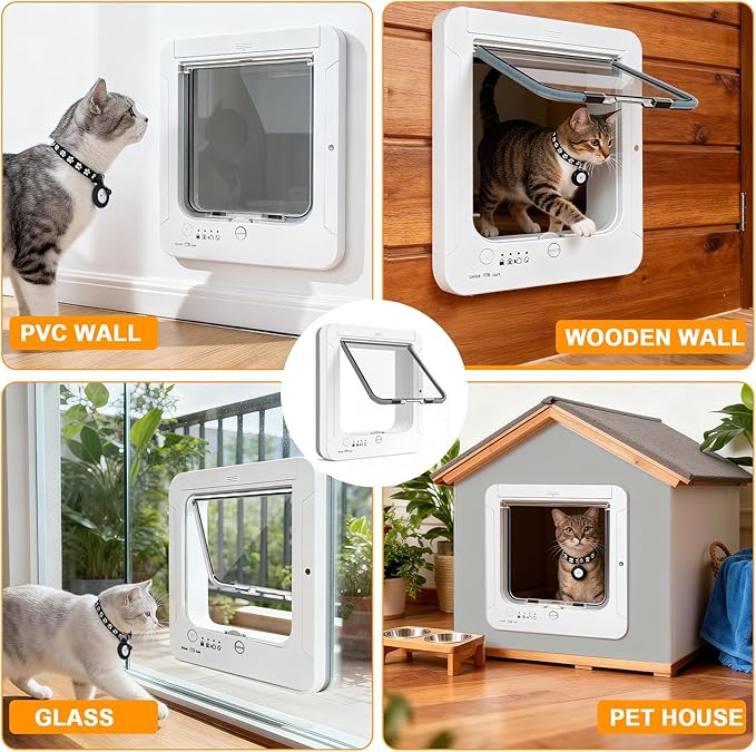 Smart Cat Door for Interior & Exterior, RFID Cat Pet Door with 3 Collar Sensor Keys & 1 Remote Control & 4 Way Locking Cat Flap with Collar Sensors Activated Opening CatDoor (White) (White)