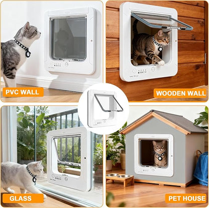 Smart Cat Door for Interior & Exterior, RFID Cat Pet Door with 3 Collar Sensor Keys & 1 Remote Control & 4 Way Locking Cat Flap with Collar Sensors Activated Opening CatDoor (White) (White)