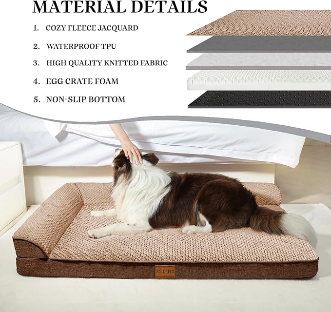 Orthopedic XL Dog Bed Large Sized Dog 42''X28'', Waterproof L Bolster Egg Crate Foam Big Pet Crate Beds with Washable Removable Cover, Non-Slip Soft Pet Couch Sleep Mat, Brown