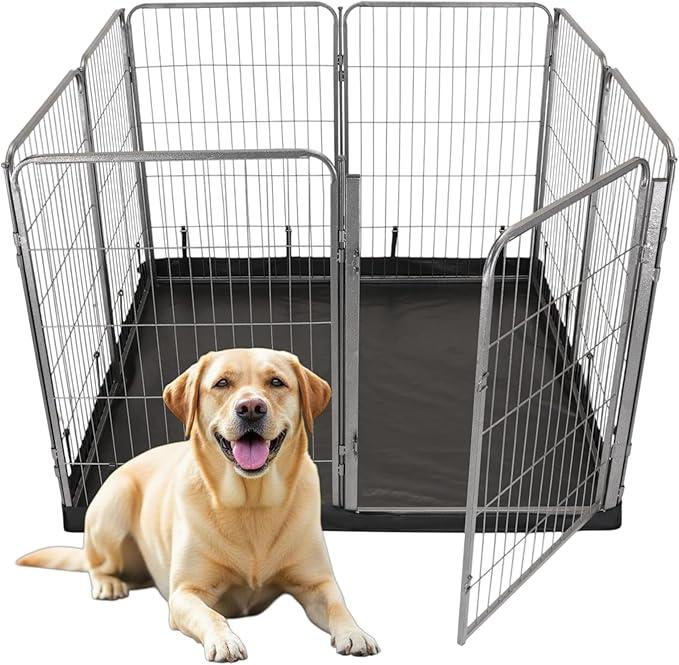 Dog Playpen w/Square Bottom Floor Cover - 40 inch, 8 Panel Portable Grey Metal Pet Play Pen for Medium & Large Dogs - Indoor/Outdoor Kennel Cage for Home, Yard, RV, or Camping