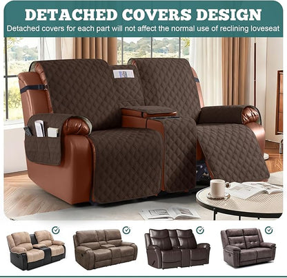 Ruaozz Waterproof Loveseat Recliner Cover with Console Non-Slip Reclining Couch Covers Split Sofa Slipcovers with Elastic Straps Furniture Protector for Kids, Dogs, Pets (Dark Brown, 2 Seater)