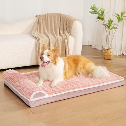 Orthopedic XL Dog Bed Large Sized Dog with Pillow 42''X28'', Waterproof Soft Comfortable Egg Crate Foam Pet Crate Beds Mat with Removable Washable Cover and Non-Slip Bottom, Pink