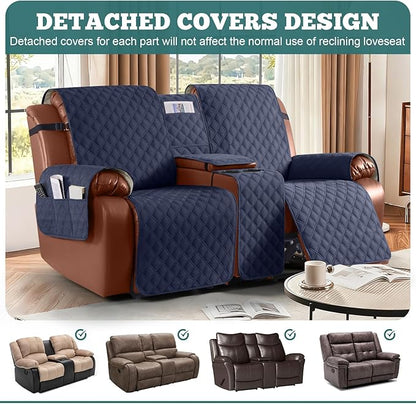 Ruaozz Waterproof Loveseat Recliner Cover with Console Non-Slip Reclining Couch Covers Split Sofa Slipcovers with Elastic Straps Furniture Protector for Kids, Dogs, Pets (Dark Blue, 2 Seater)