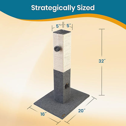 Pawbee 32" Cat Scratching Post with Jingle Bell and Softball, Sisal Rope Tower for Indoor Adults Large Cats, Gray & Beige