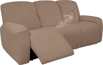 Easy-Going 100% Dual Waterproof Recliner Sofa Cover, 8-Pieces Stretch Relining Couch Cover with Pocket, Jacquard 3 Seat Sofa Slipcover Leakproof Washable (Sofa, Camel)