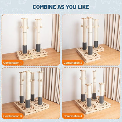 30.3 Inch Large Cat Scratching Post, 4-in-1 Interactive Maze Base with Cat Self Groomer, Natural Pine Wood & Premium Sisal Scratching Pole, Anti-Slip Detachable Design for Indoor Cats