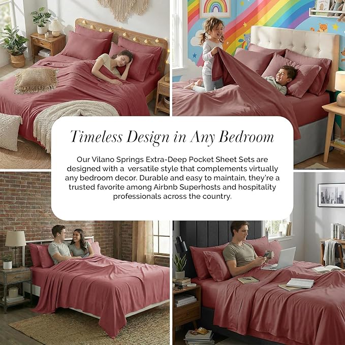 Southshore Fine Living, Inc. 6-Piece Cal King Sheet Set, 21-Inch Deep Pocket California King Sheets Set, Terracotta Sheets and Pillow Cases 4 Pack, Marsala