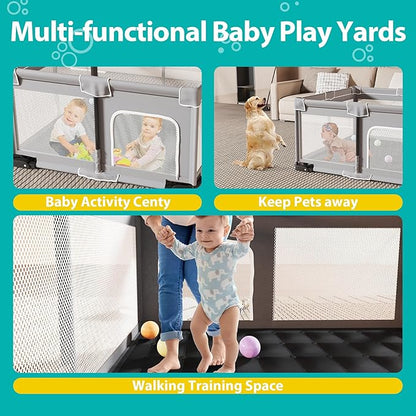 ICAREWAY Foldable Playpen for Babies and Toddlers, 50x50 Inches Portable Playpen, Kids Collapsible Play Pen with 2 Handlers, Indoor & Outdoor Baby Fence Play Area with Visible Mesh, Light Gray