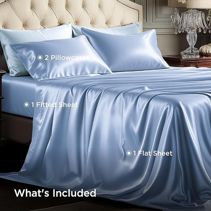 Bedsure Satin Sheets Queen Size - 4 Piece Silky Bedsheets with 15 Inches Deep Pocket Fitted Bedsheet,1 Flat Sheet, 2 Satin Pillowcases, Good for Hair & Skin (Queen, Sky Blue)