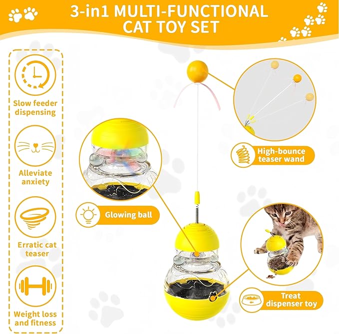 Cat Interactive Toys Engaging Wand, Slow Food Treat Dispenser, and Tumbler Design for Indoor Cats Durable, Non-Toxic, Ideal for Exercise and Boredom Relief Gift for Kitten, Yellow