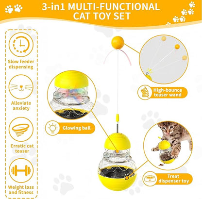 Cat Interactive Toys Engaging Wand, Slow Food Treat Dispenser, and Tumbler Design for Indoor Cats Durable, Non-Toxic, Ideal for Exercise and Boredom Relief Gift for Kitten, Yellow