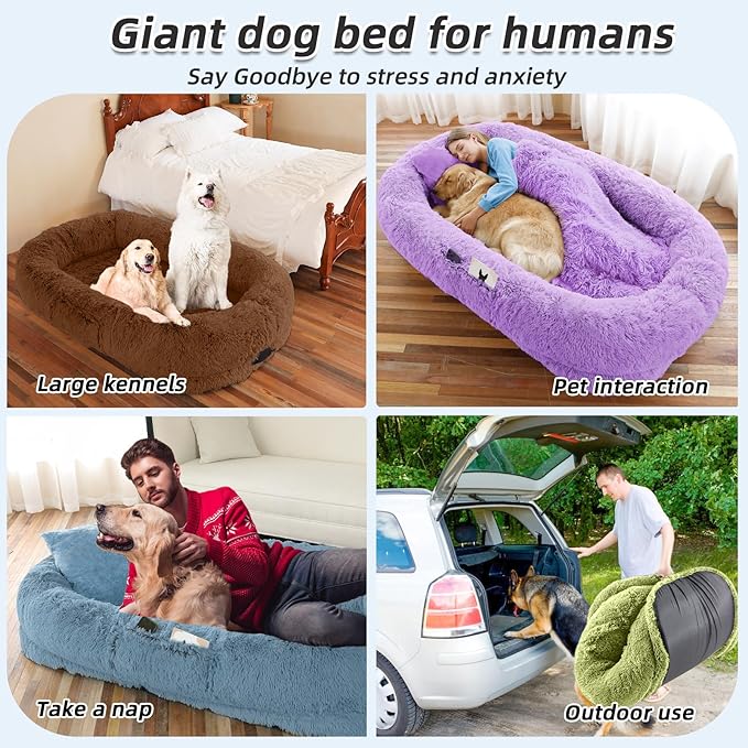 Human Dog Bed, 71''x45''x12'' Size Fits You and Pets, Washable Faux Fur Pet Bed for People Doze Off, Napping Orthopedic Dog Bed, Present Plump Pillow, Blanket, Strap - Brown