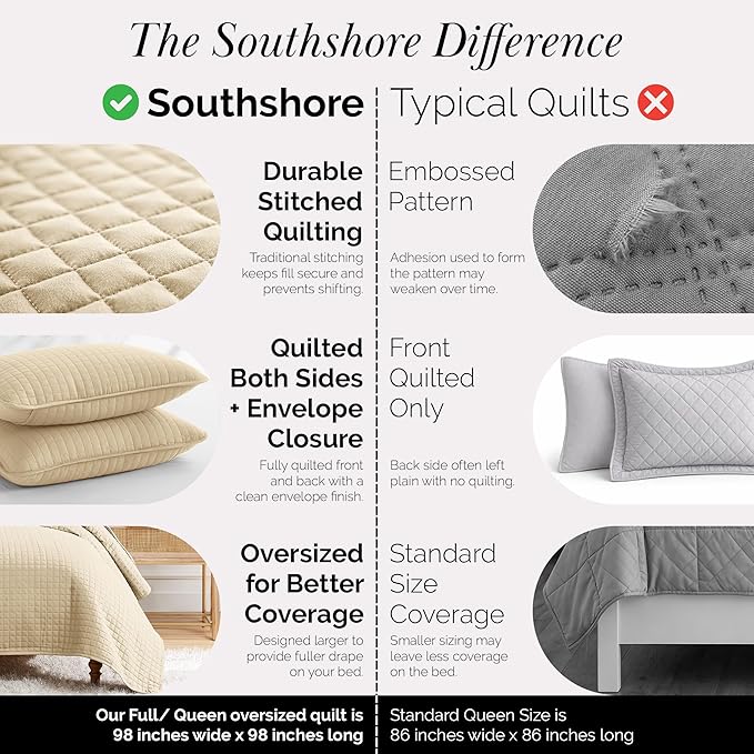 Southshore Fine Living, Inc. Quilts, Full/Queen Size Quilt Bedding Set, Easy Care Stain & Pet Hair Resistant Bedding, Coverlet Queen Size/Full Size Beige Bedspread with 2 Pillow Shams, Soft Sand