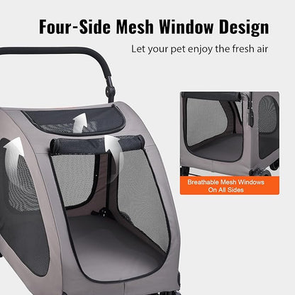 VEVOR Pet Stroller, 4 Wheels Dog Carrier with Brakes, 160lbs Weight Capacity, Portable Puppy Travel Strollers with Breathable Mesh Windows & Height-Adjustable, for Cats & Dogs