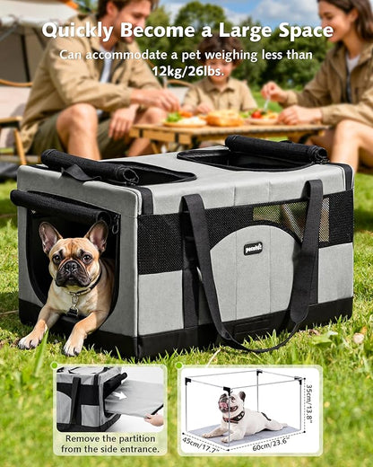 Pecute Dual Compartment Pet Carrier for Multi-Cat Families & Small Dog Owners, Collapsible Dog Crate with Reinforced Steel Frame, Car Safety Design for Travel, Vet Visits & Home Use, Gray