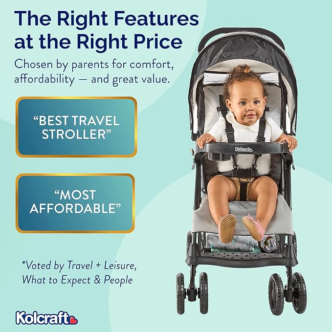 Kolcraft Cloud Plus Lightweight Umbrella Stroller for Toddlers with Reclining Seat, Large Storage Basket, Canopy, Infant & Parent Trays, Compact Fold for Summer Travel, Durable Frame, Slate Gray