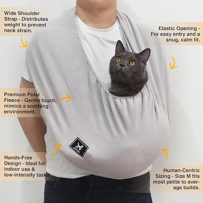 Cat Soft Carrier Sling, Ultra-Soft Polar Fleece Pet Cuddle Bag for Snuggling – Hands-Free Indoor Cat Pouch for Grooming & Bonding, Fits Small Pets 3-13 lbs, Light Gray, Medium