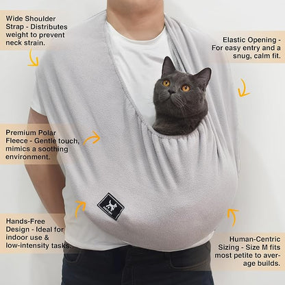 Cat Soft Carrier Sling, Ultra-Soft Polar Fleece Pet Cuddle Bag for Snuggling – Hands-Free Indoor Cat Pouch for Grooming & Bonding, Fits Small Pets 3-13 lbs, Light Gray, Medium