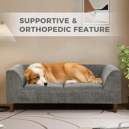 Dog Sofa Couch for Medium Dogs with Backrest and Armrest, Memory Foam Dog Sofa Bed, Modern Elevated Pet Couch Bed with Wooden Legs, Dark Grey