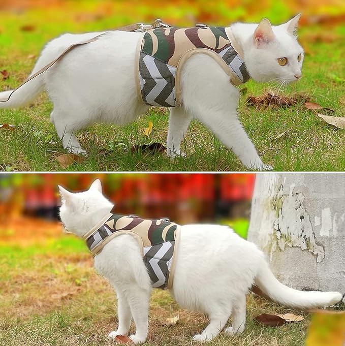Cat Harness and Leash Set for Walking Escape Proof, Adjustable Cat Vest Harness, Padded Stylish Cat Walking Jackets, Camo Green, X-Small