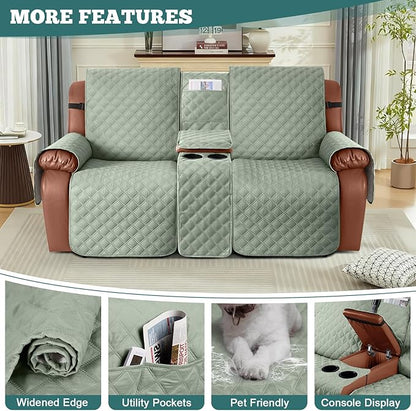 Ruaozz Waterproof Loveseat Recliner Cover with Console Non-Slip Reclining Couch Covers Split Sofa Slipcovers with Elastic Straps for Kids, Dogs, Pets (Sage Green, 2 Seater)