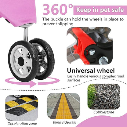 FDW 3-Wheel Pet Stroller Foldable Dog Cat Jogger Stroller Durable Travel Folding Carrier with Storage Basket Cup Holder,Peach Pink