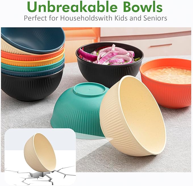 6 Pcs 24 oz Unbreakable Cereal Bowls, Reusable Plastic Lightweight Bowls, Made from Wheat Straw Fiber, Ideal for Salads, Soups, Ramen, Noodles (The color of rice, 24OZ)