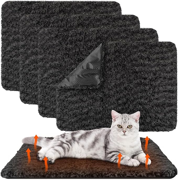 Drydiet 4 Pack Self Warming Cat Pads Self Heating Cat Mat Washable Homeless Dogs Thermal Pads Kennel Pad Reflects Body Heat Warm Crate Bed Mat for Indoor Outdoor Pet(Black,16 x 20 Inch)