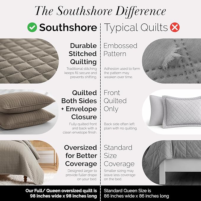Southshore Fine Living, Inc. Quilts Full Size, Queen Size Quilt Bedding Set, Pet Hair Resistant Bedding Coverlet Queen Size, Full Size Bedspread w/ 2 Pillow Shams, Quilted Comforter, Dark Taupe Quilts
